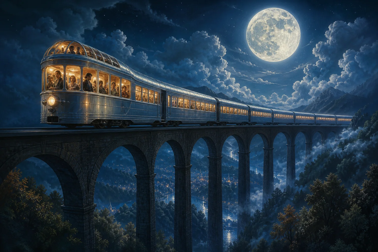 Ein silberner Zug fährt bei Vollmond durch eine nächtliche Landschaft