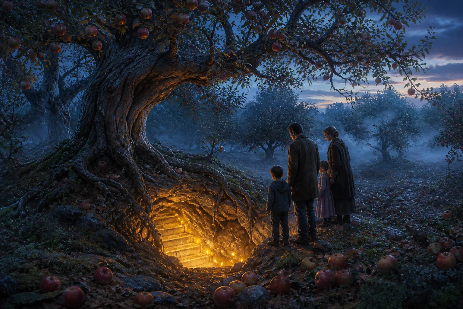 Eine Familie entdeckt hinter einem alten Apfelbaum eine leuchtende Treppe in die Erde