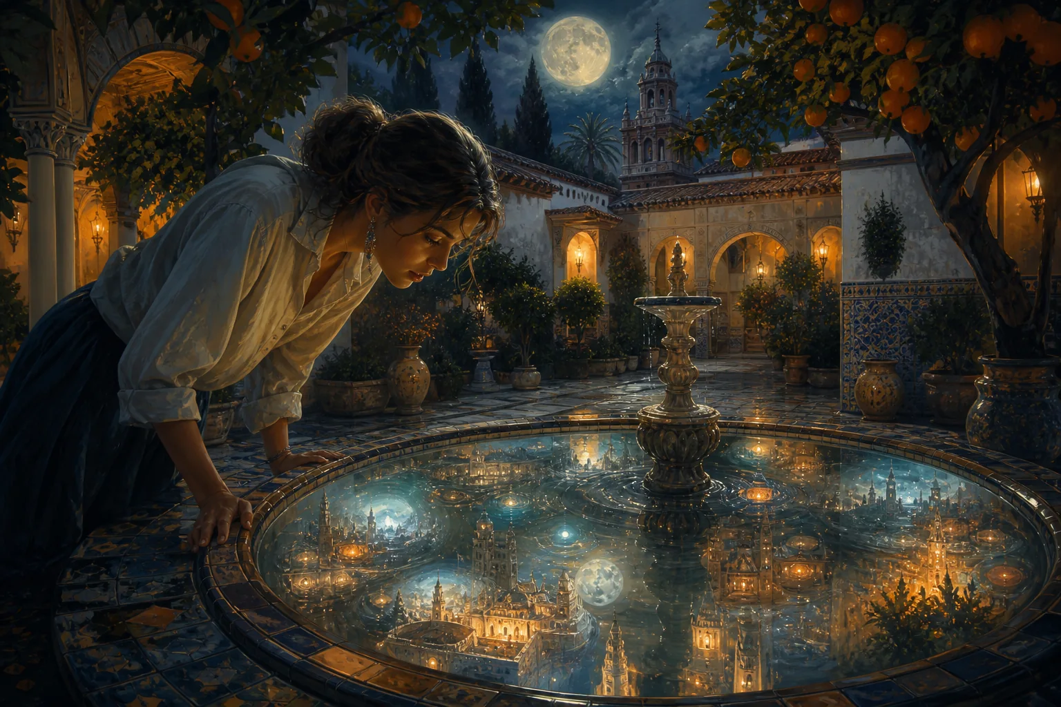 Ein alter Brunnen in einem nächtlichen Innenhof von Sevilla leuchtet geheimnisvoll