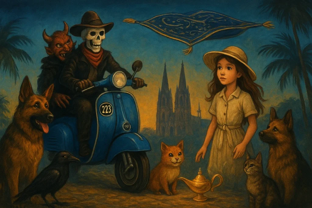 Fantasievolle Figuren und Tiere aus den Geschichten von Worte von Marc