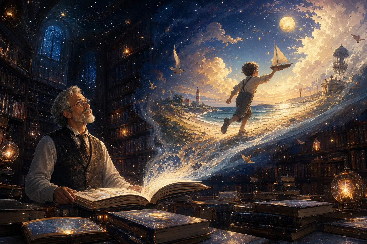 Eine Bibliothekarin zwischen leuchtenden Büchern voller Träume unter einem Sternenhimmel